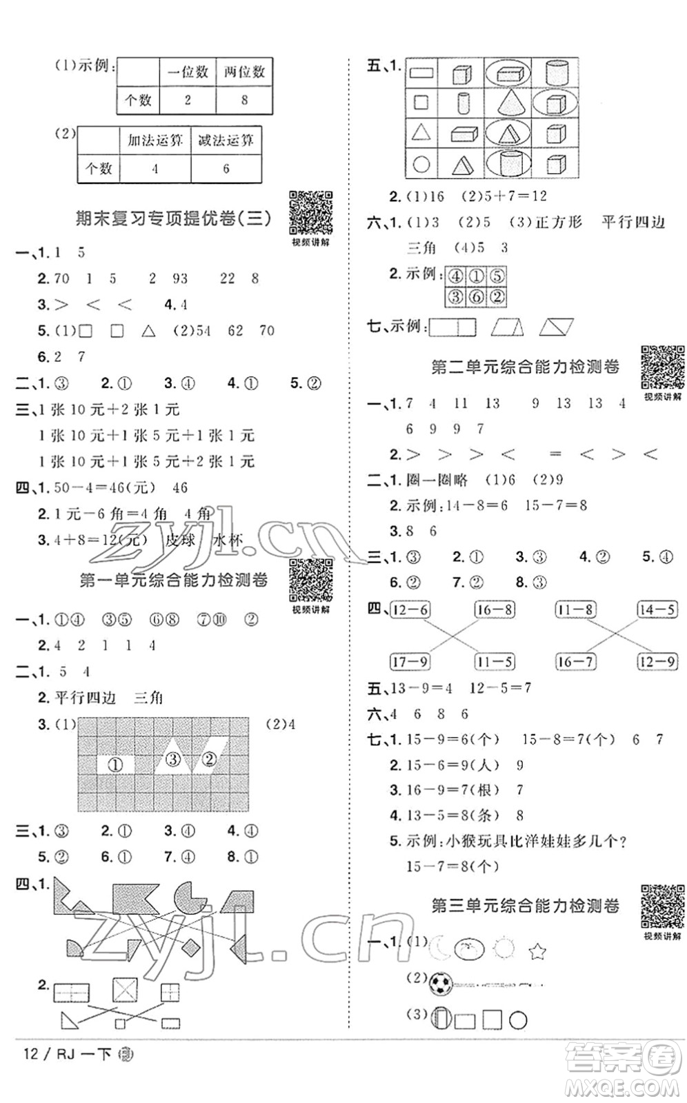 福建少年兒童出版社2022陽光同學(xué)課時優(yōu)化作業(yè)一年級數(shù)學(xué)下冊RJ人教版福建專版答案