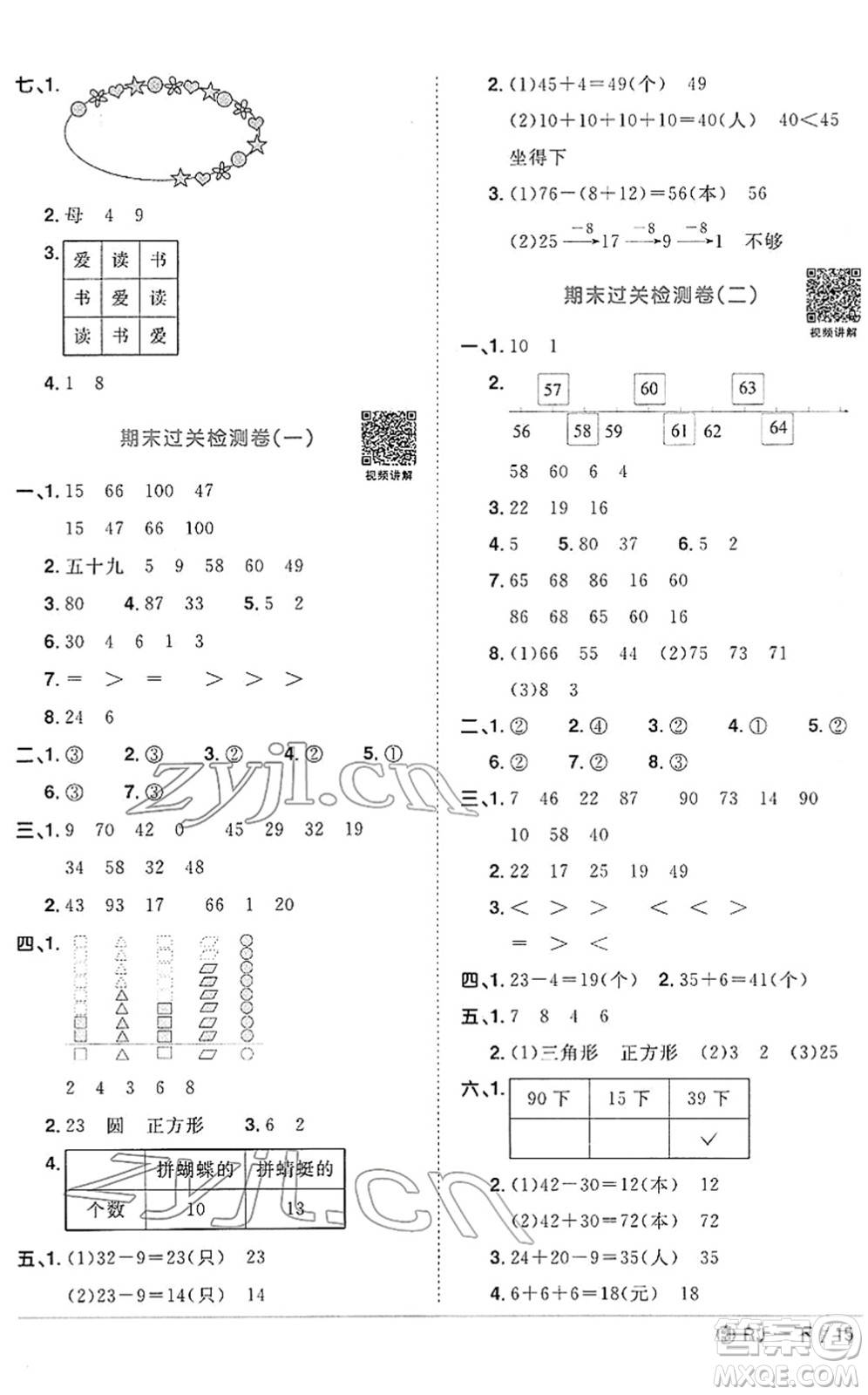 福建少年兒童出版社2022陽光同學(xué)課時優(yōu)化作業(yè)一年級數(shù)學(xué)下冊RJ人教版福建專版答案