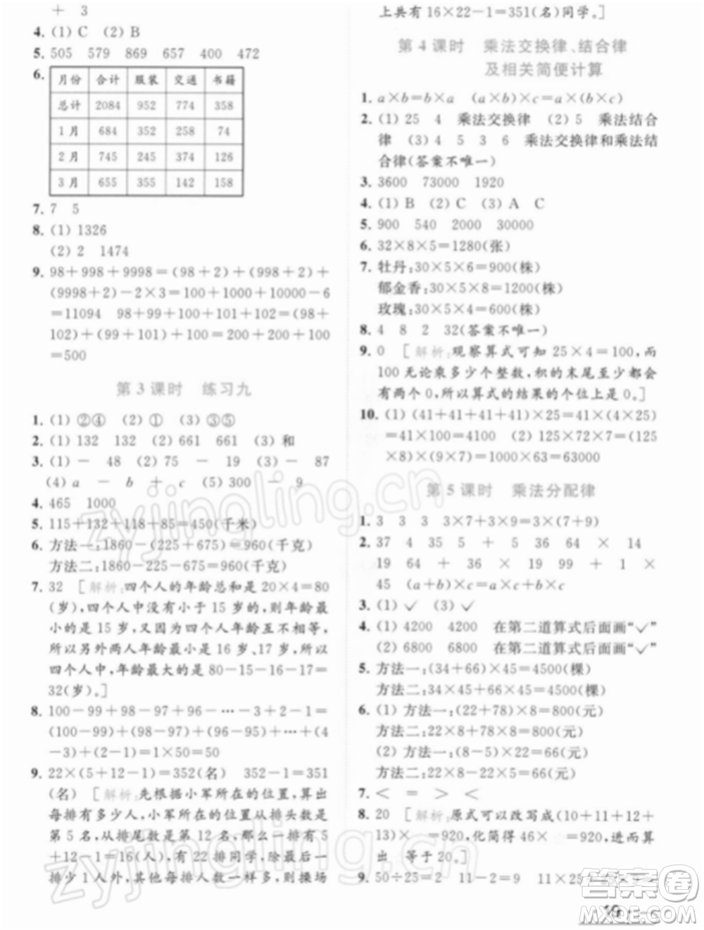 北京教育出版社2022亮點給力提優(yōu)課時作業(yè)本四年級數(shù)學下冊江蘇版參考答案