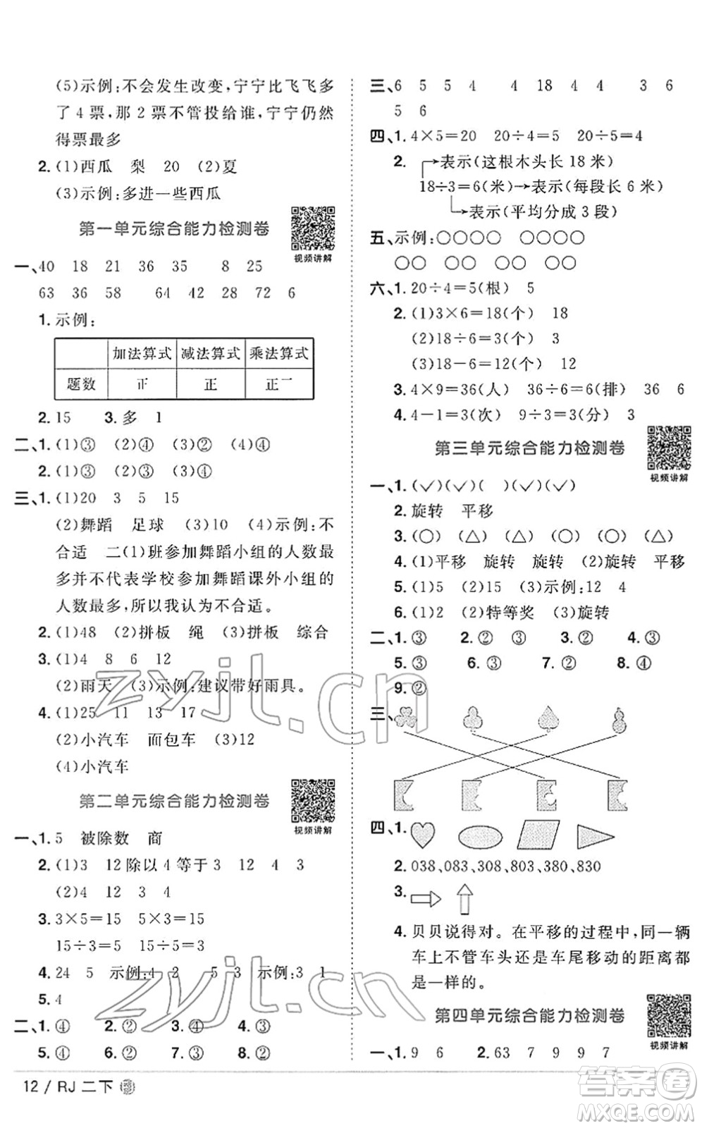 福建少年兒童出版社2022陽光同學課時優(yōu)化作業(yè)二年級數(shù)學下冊RJ人教版福建專版答案