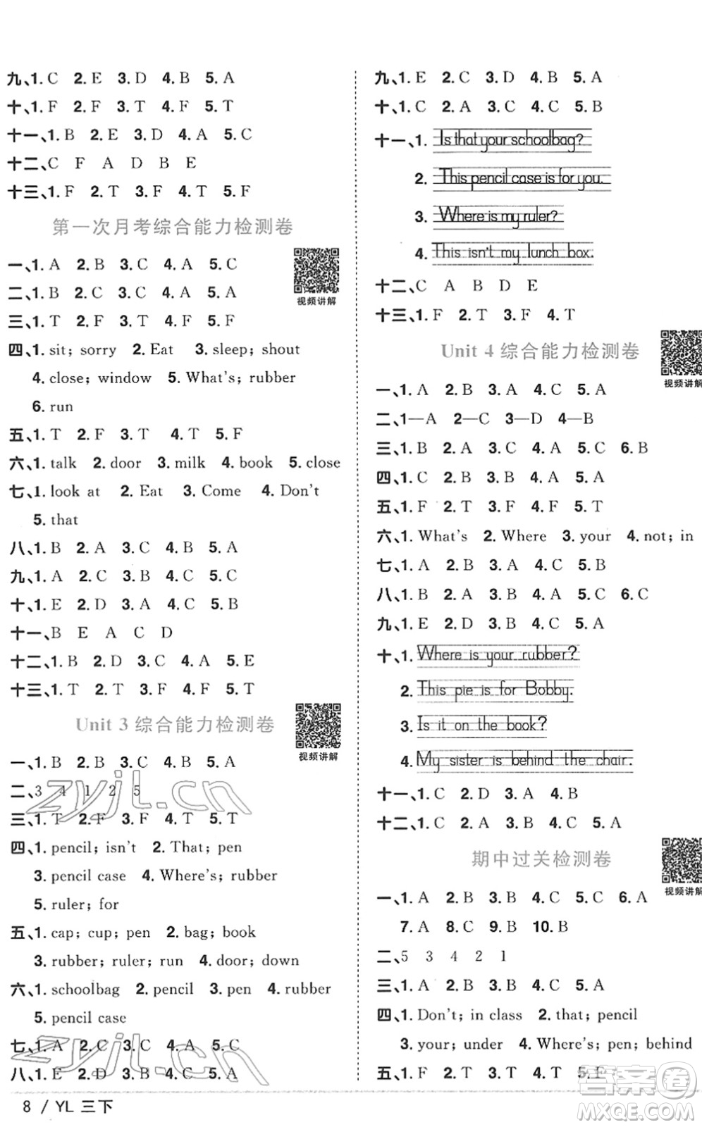 江西教育出版社2022陽光同學(xué)課時優(yōu)化作業(yè)三年級英語下冊YL譯林版答案