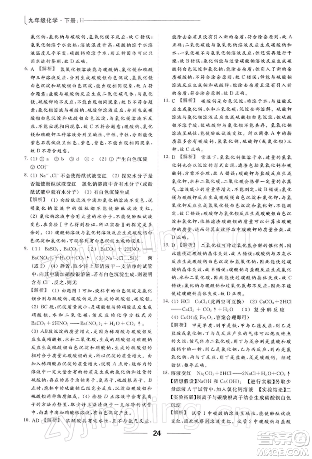 云南美術出版社2022亮點給力提優(yōu)課時作業(yè)本九年級化學下冊滬教版參考答案