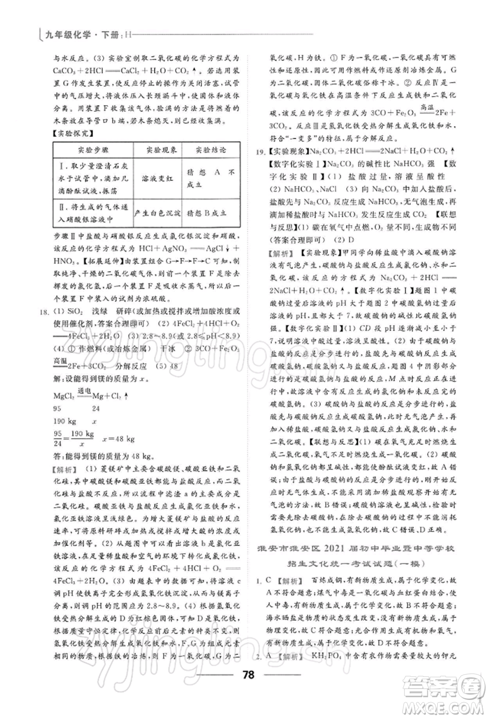 云南美術出版社2022亮點給力提優(yōu)課時作業(yè)本九年級化學下冊滬教版參考答案