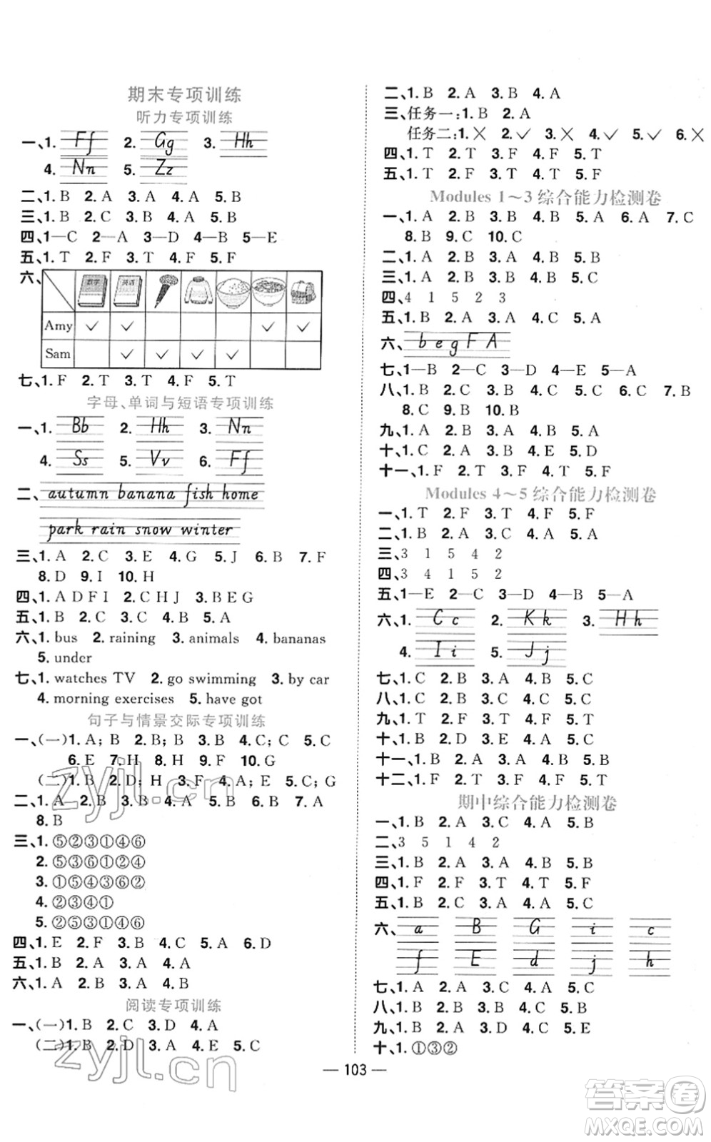 江西教育出版社2022陽光同學(xué)課時優(yōu)化作業(yè)三年級英語下冊外研版答案