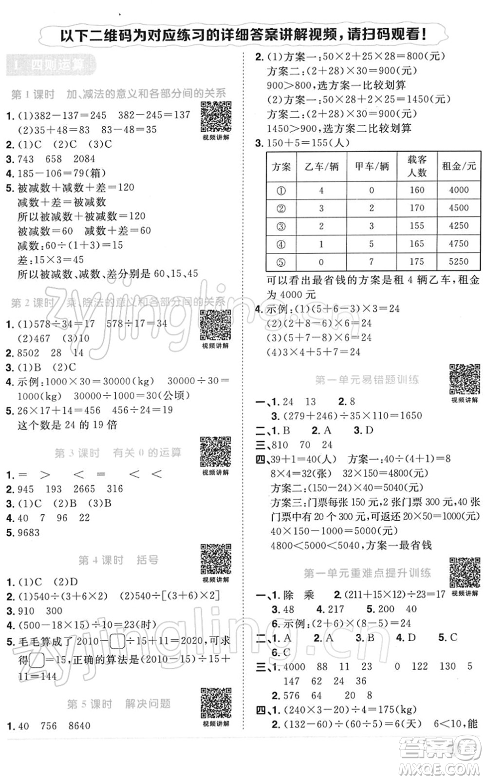江西教育出版社2022陽光同學(xué)課時優(yōu)化作業(yè)四年級數(shù)學(xué)下冊RJ人教版答案