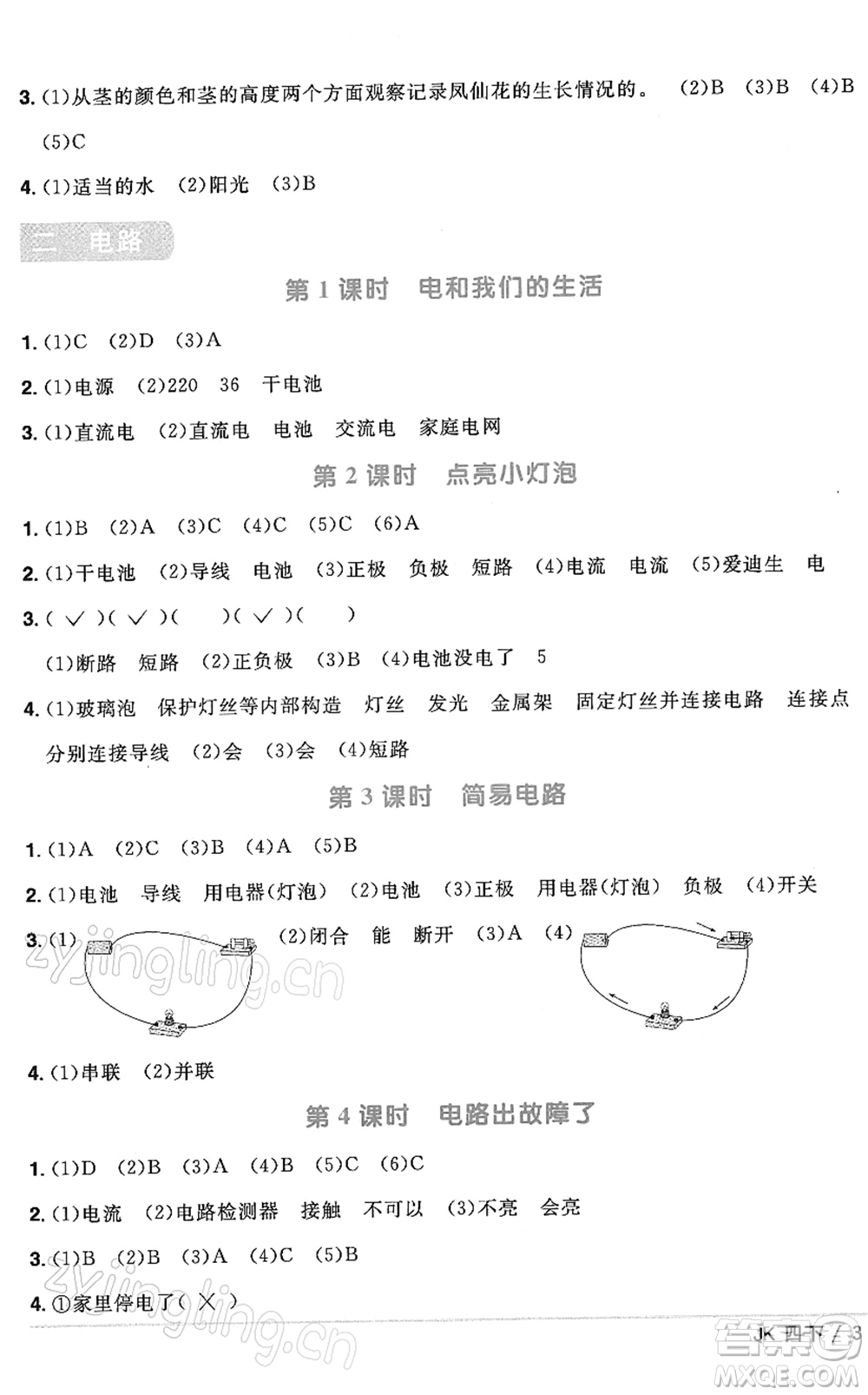 江西教育出版社2022陽光同學(xué)課時優(yōu)化作業(yè)四年級科學(xué)下冊JK教科版答案