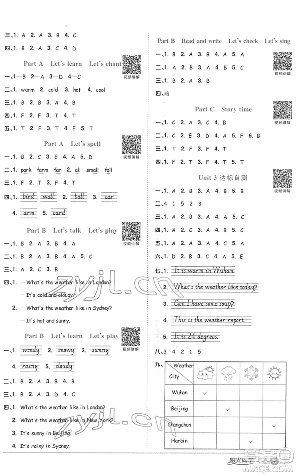 江西教育出版社2022陽光同學(xué)課時優(yōu)化作業(yè)四年級英語下冊PEP版答案