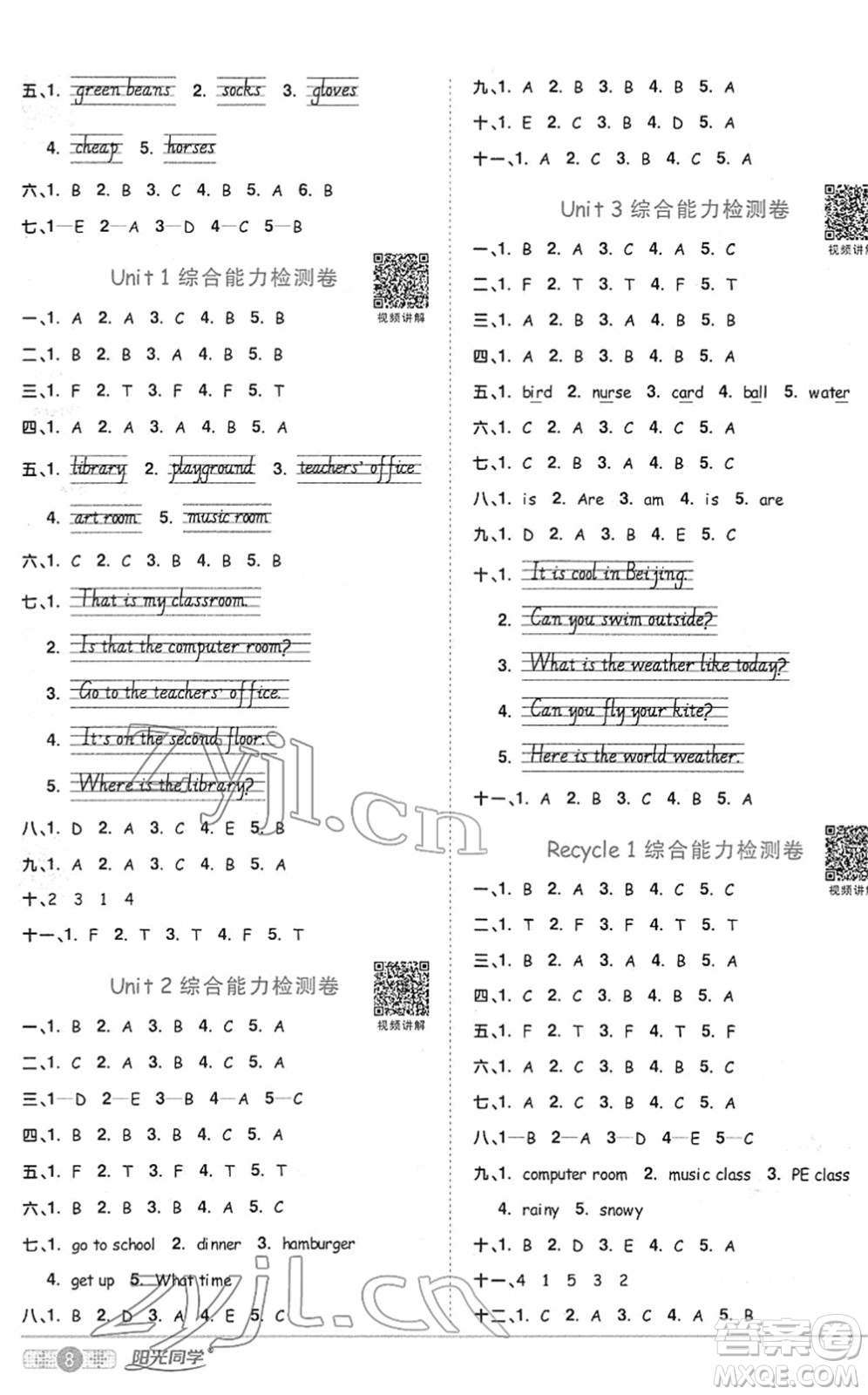 江西教育出版社2022陽光同學(xué)課時優(yōu)化作業(yè)四年級英語下冊PEP版答案
