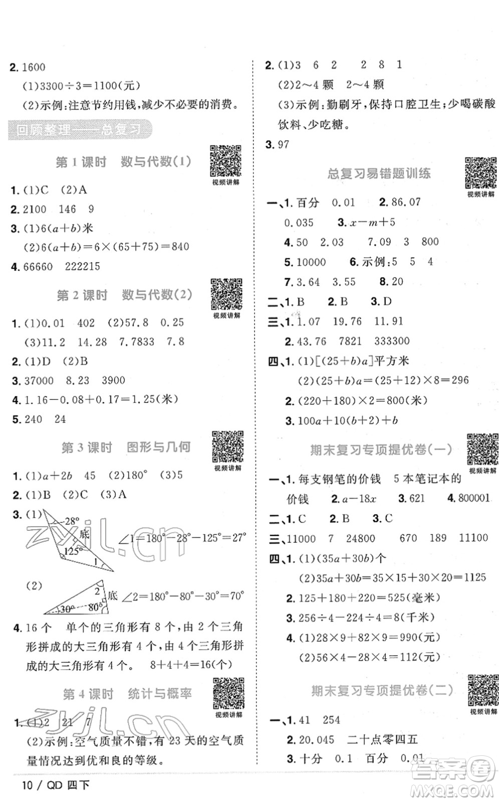 江西教育出版社2022陽光同學課時優(yōu)化作業(yè)四年級數(shù)學下冊QD青島版答案