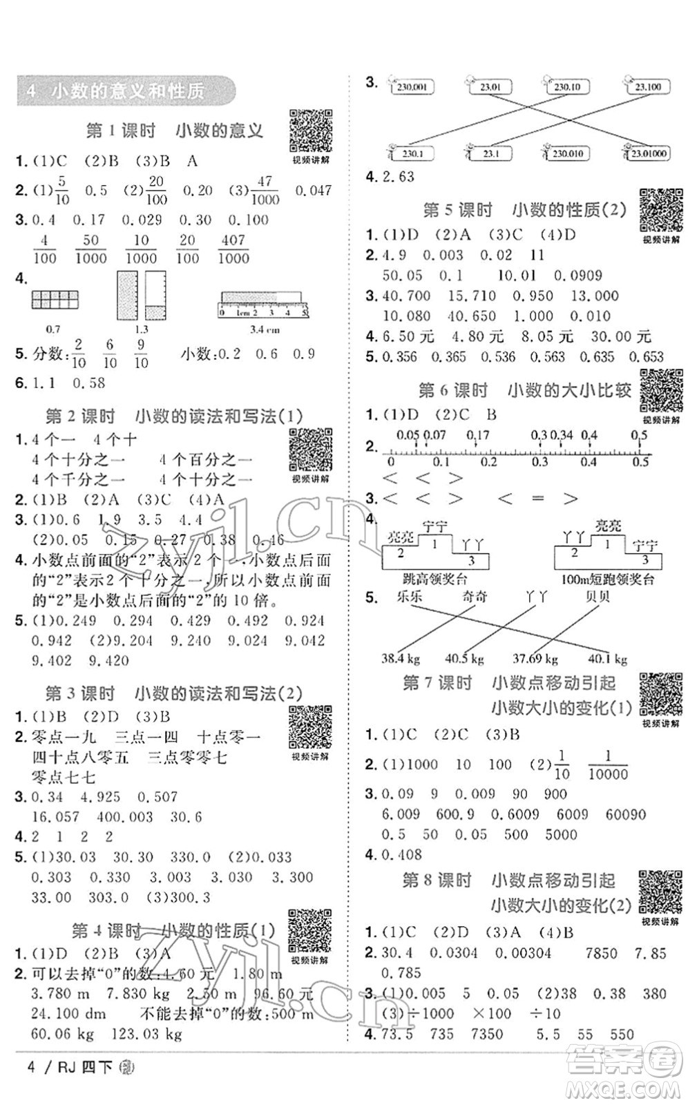 福建少年兒童出版社2022陽光同學(xué)課時(shí)優(yōu)化作業(yè)四年級(jí)數(shù)學(xué)下冊(cè)RJ人教版福建專版答案