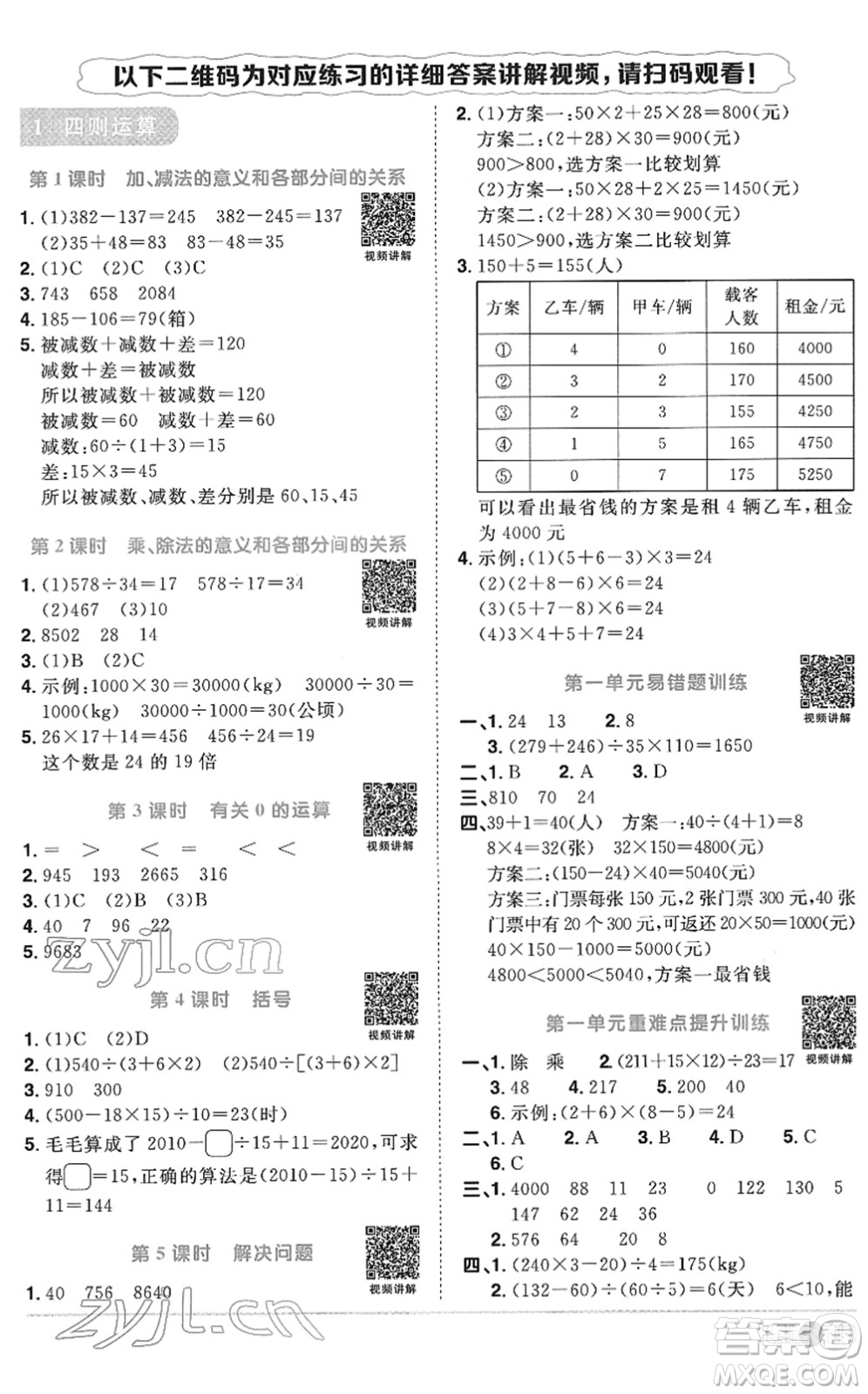 江西教育出版社2022陽光同學(xué)課時(shí)優(yōu)化作業(yè)四年級(jí)數(shù)學(xué)下冊(cè)RJ人教版菏澤專版答案