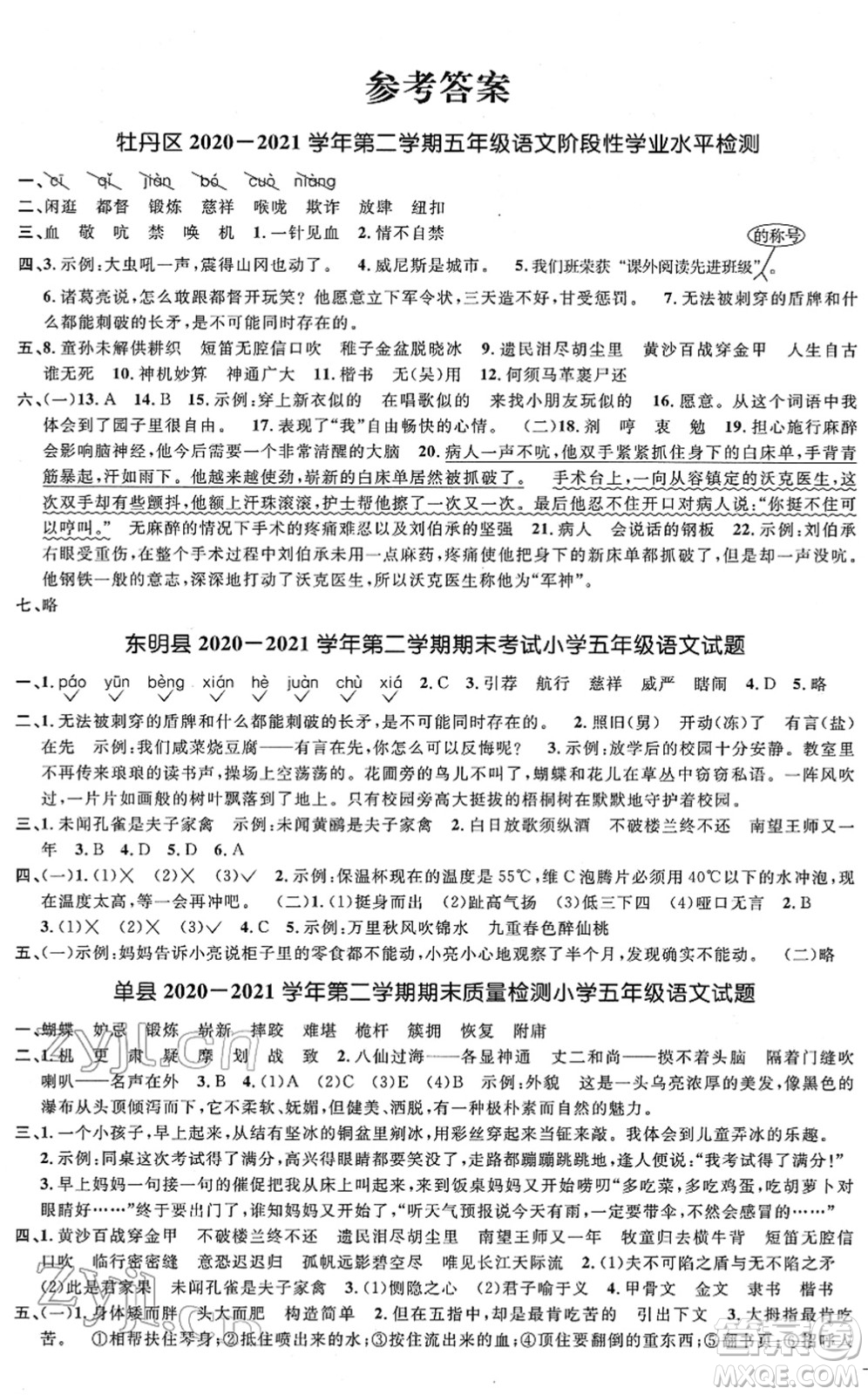 江西教育出版社2022陽光同學(xué)課時優(yōu)化作業(yè)五年級語文下冊RJ人教版菏澤專版答案