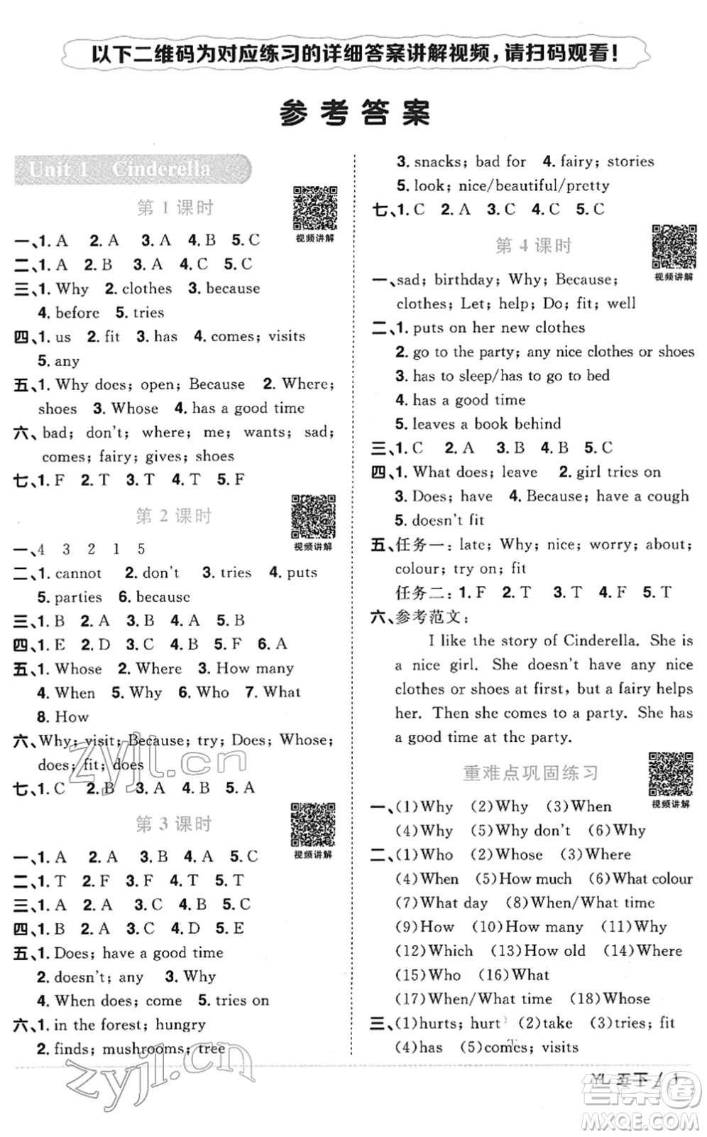 江西教育出版社2022陽光同學(xué)課時優(yōu)化作業(yè)五年級英語下冊YL譯林版答案