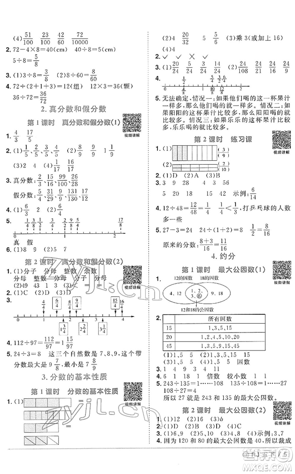 福建少年兒童出版社2022陽光同學(xué)課時優(yōu)化作業(yè)五年級數(shù)學(xué)下冊RJ人教版福建專版答案