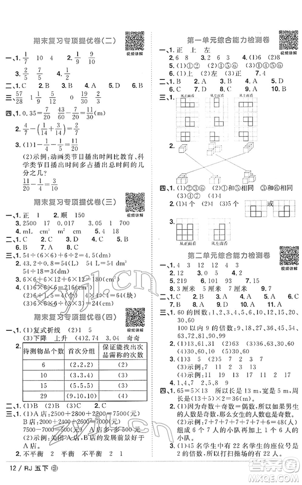 福建少年兒童出版社2022陽光同學(xué)課時優(yōu)化作業(yè)五年級數(shù)學(xué)下冊RJ人教版福建專版答案