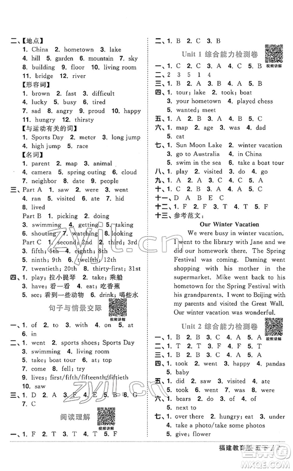 江西教育出版社2022陽光同學(xué)課時優(yōu)化作業(yè)五年級英語下冊福建教育版答案