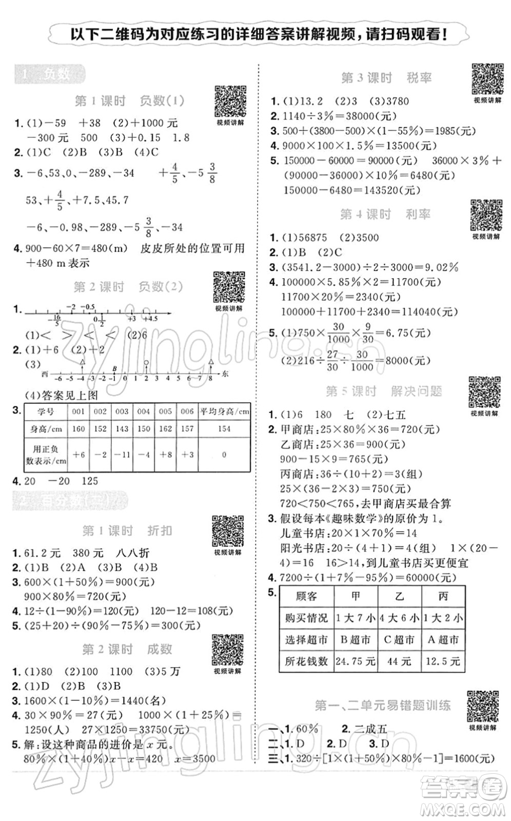 江西教育出版社2022陽光同學(xué)課時(shí)優(yōu)化作業(yè)六年級(jí)數(shù)學(xué)下冊(cè)RJ人教版答案