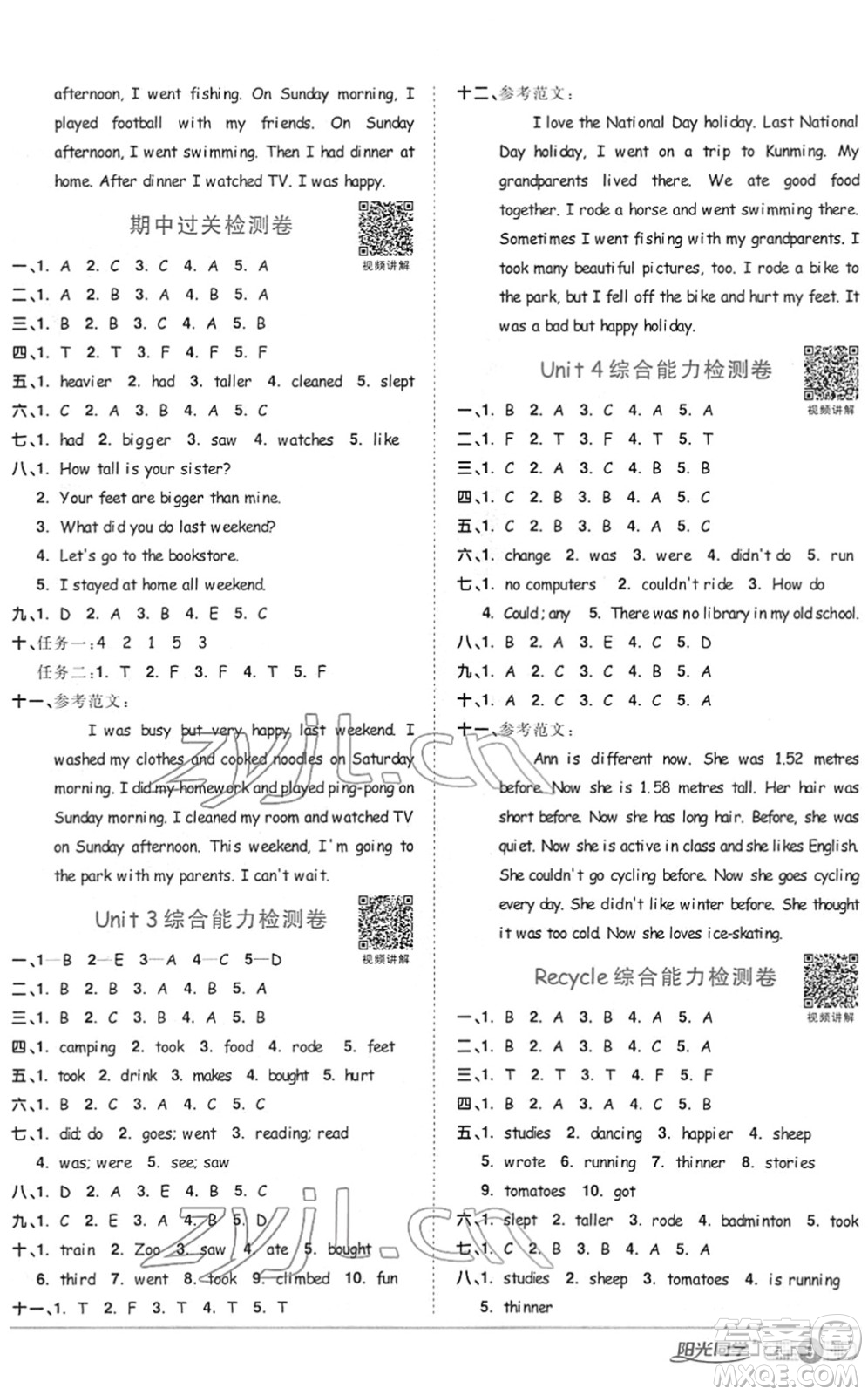 江西教育出版社2022陽光同學課時優(yōu)化作業(yè)六年級英語下冊PEP版答案
