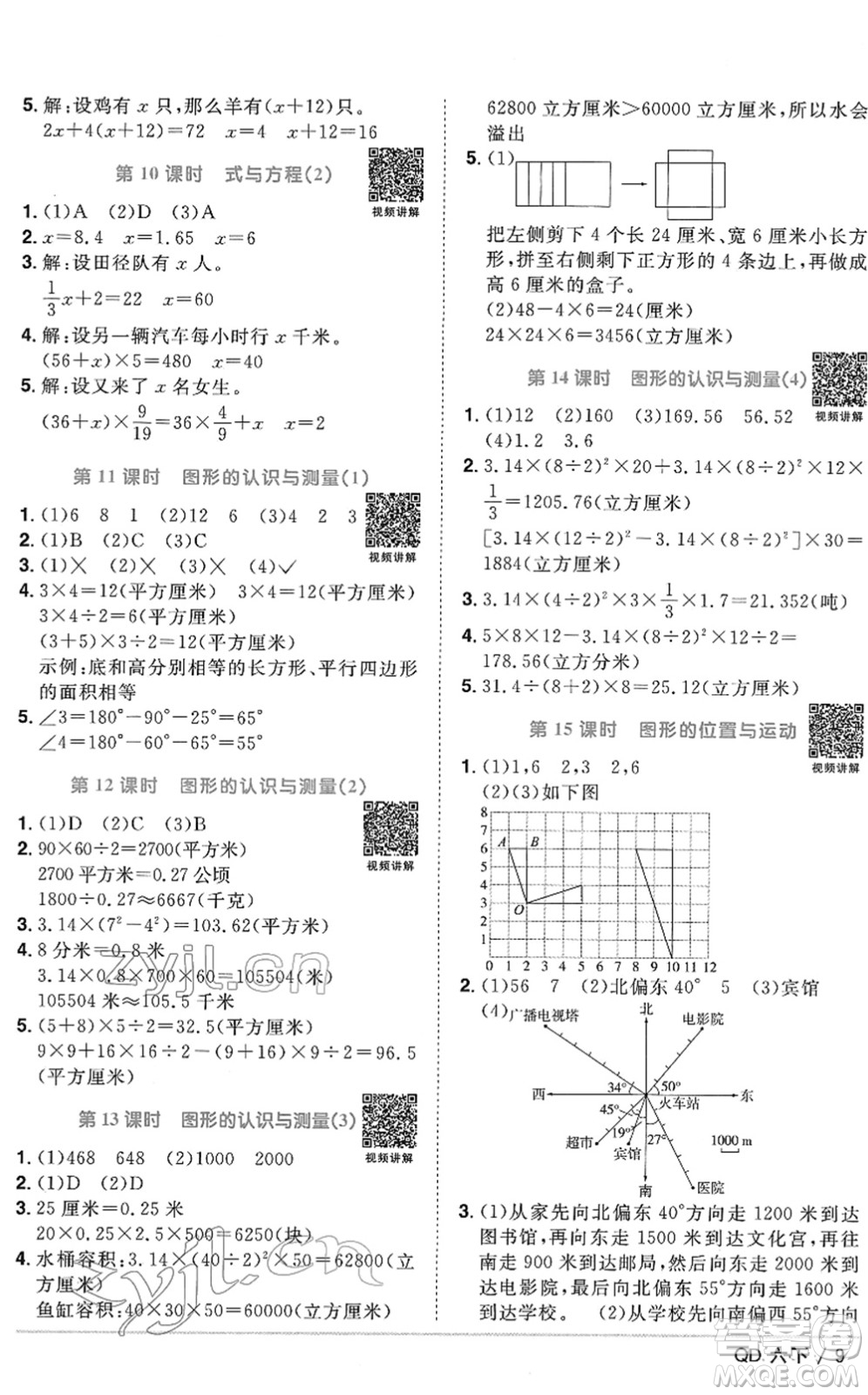 江西教育出版社2022陽光同學課時優(yōu)化作業(yè)六年級數(shù)學下冊QD青島版答案