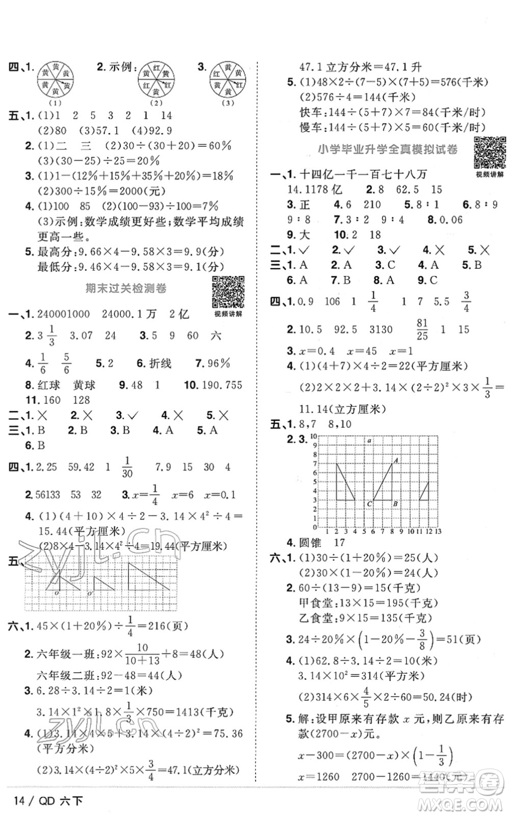 江西教育出版社2022陽光同學課時優(yōu)化作業(yè)六年級數(shù)學下冊QD青島版答案