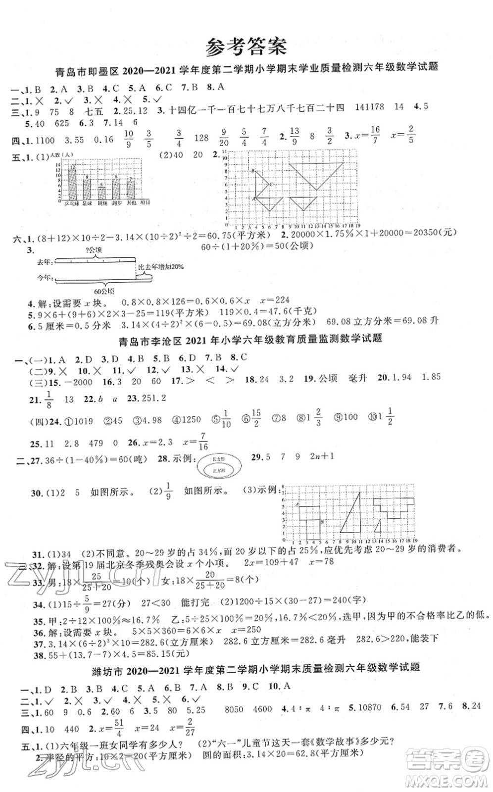 江西教育出版社2022陽光同學課時優(yōu)化作業(yè)六年級數(shù)學下冊QD青島版答案