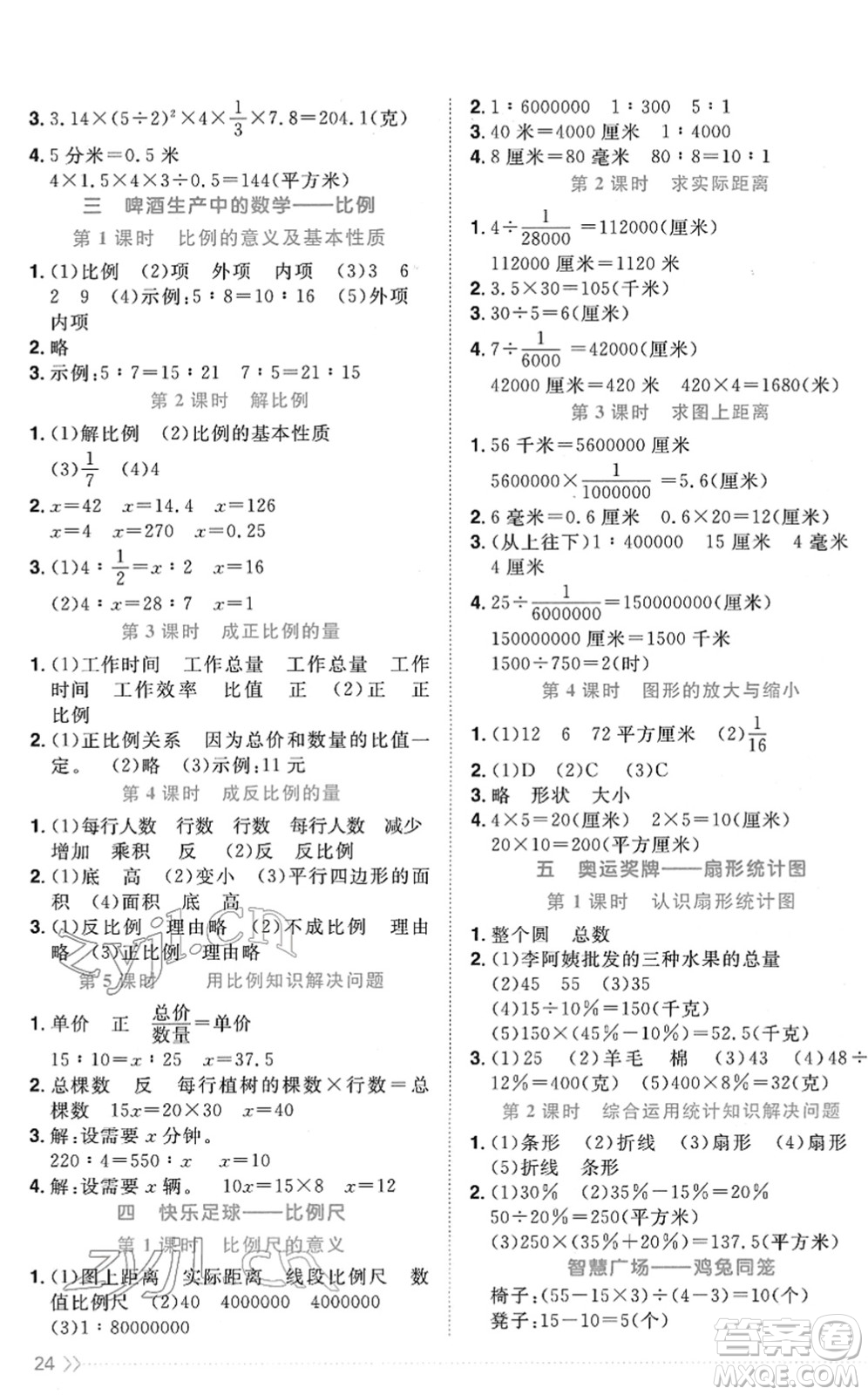 江西教育出版社2022陽光同學課時優(yōu)化作業(yè)六年級數(shù)學下冊QD青島版答案