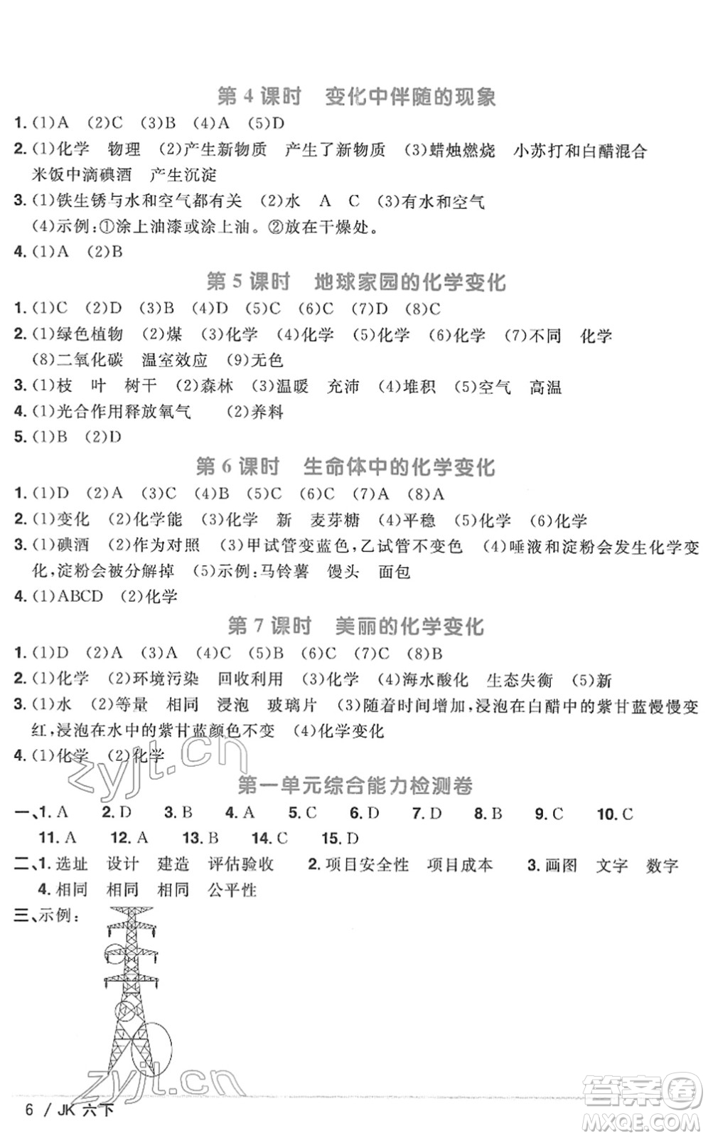 江西教育出版社2022陽光同學課時優(yōu)化作業(yè)六年級科學下冊JK教科版答案