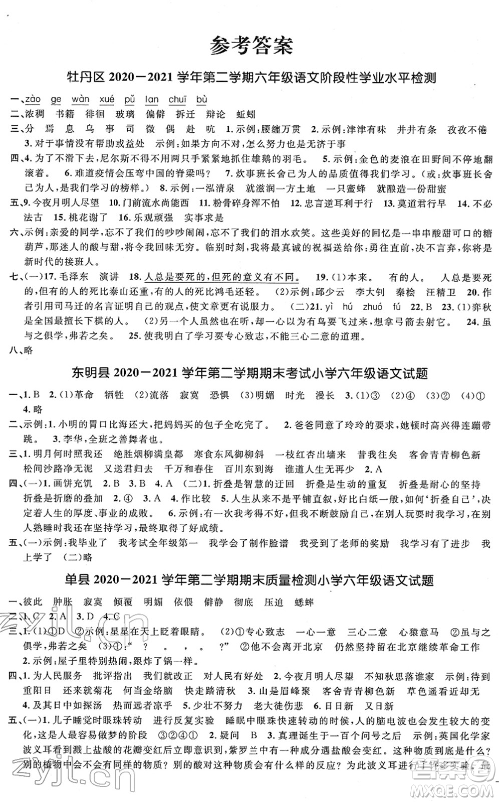 江西教育出版社2022陽(yáng)光同學(xué)課時(shí)優(yōu)化作業(yè)六年級(jí)語(yǔ)文下冊(cè)RJ人教版菏澤專版答案