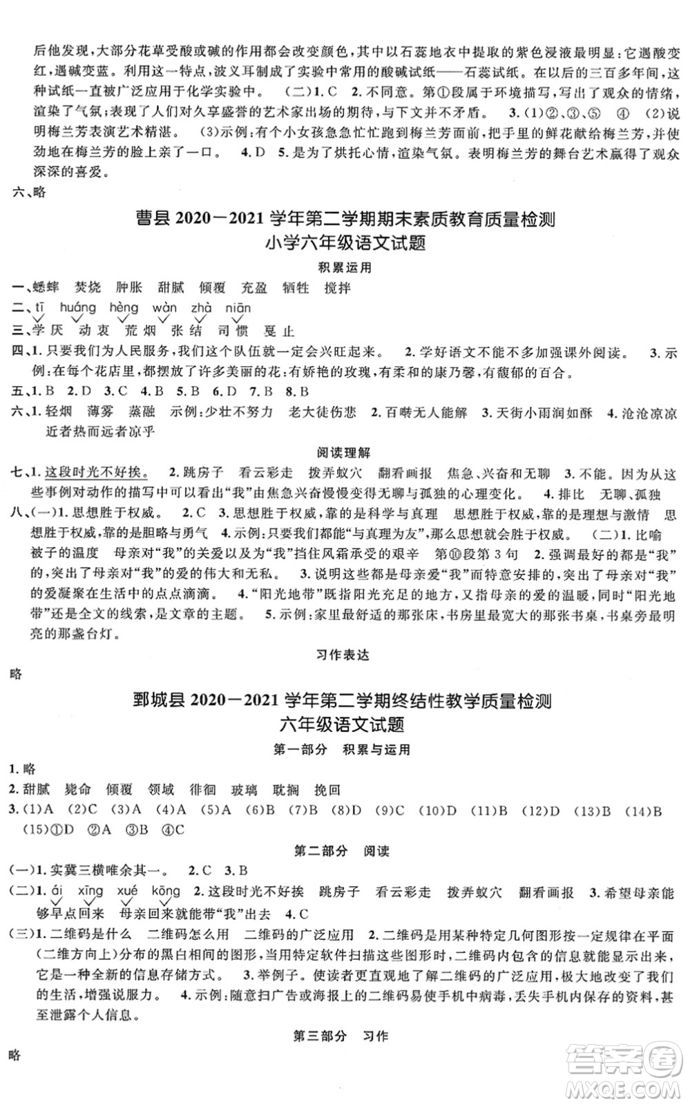 江西教育出版社2022陽(yáng)光同學(xué)課時(shí)優(yōu)化作業(yè)六年級(jí)語(yǔ)文下冊(cè)RJ人教版菏澤專版答案