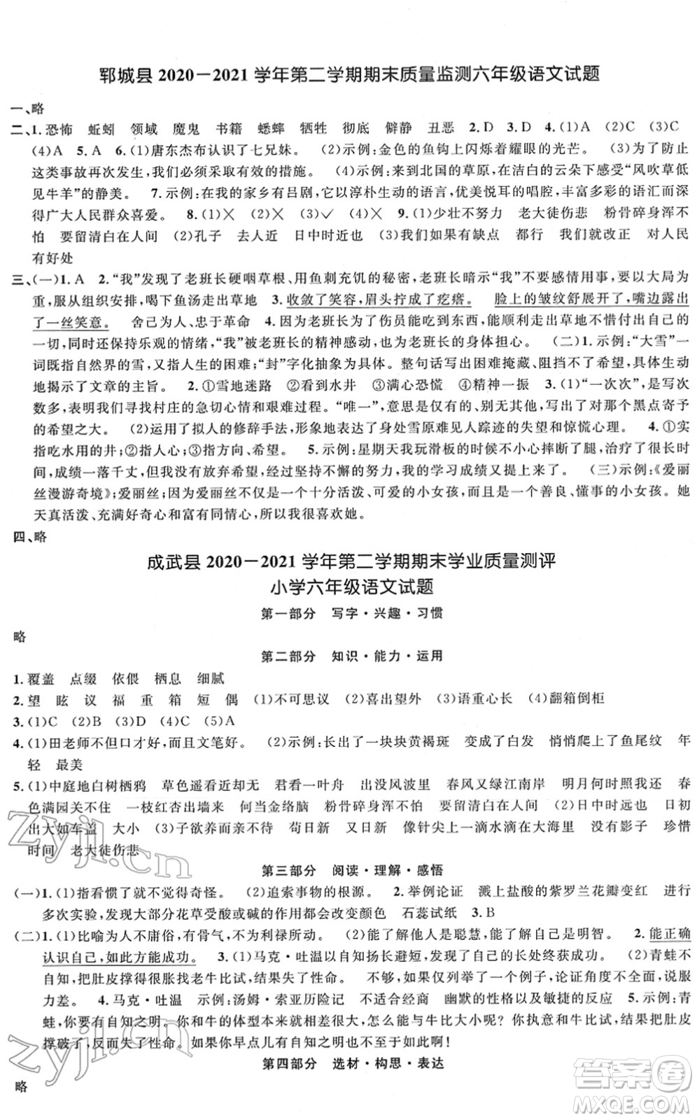 江西教育出版社2022陽(yáng)光同學(xué)課時(shí)優(yōu)化作業(yè)六年級(jí)語(yǔ)文下冊(cè)RJ人教版菏澤專版答案