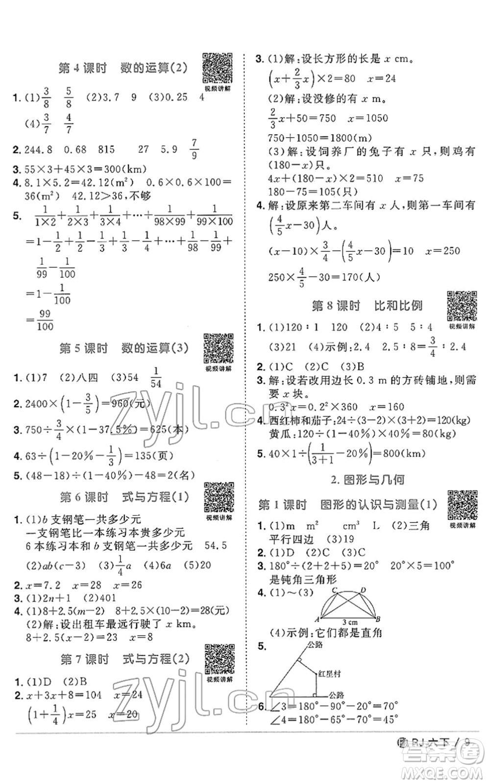 福建少年兒童出版社2022陽光同學(xué)課時優(yōu)化作業(yè)六年級數(shù)學(xué)下冊RJ人教版福建專版答案