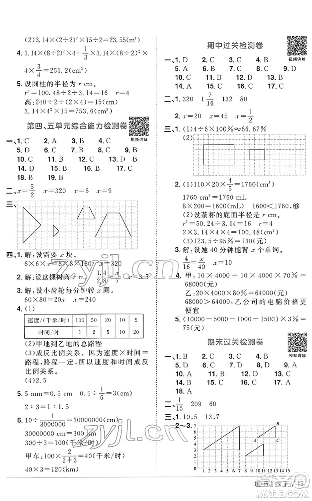 福建少年兒童出版社2022陽光同學(xué)課時優(yōu)化作業(yè)六年級數(shù)學(xué)下冊RJ人教版福建專版答案