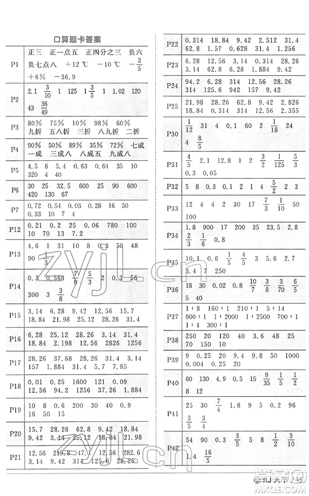 福建少年兒童出版社2022陽光同學(xué)課時優(yōu)化作業(yè)六年級數(shù)學(xué)下冊RJ人教版福建專版答案