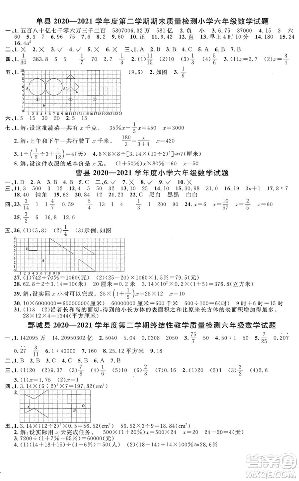 江西教育出版社2022陽光同學(xué)課時(shí)優(yōu)化作業(yè)六年級數(shù)學(xué)下冊RJ人教版菏澤專版答案