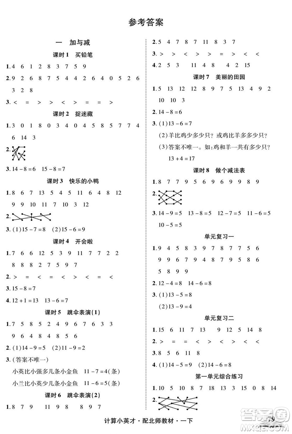 長(zhǎng)江少年兒童出版社2022計(jì)算小英才數(shù)學(xué)一年級(jí)下冊(cè)北師版答案