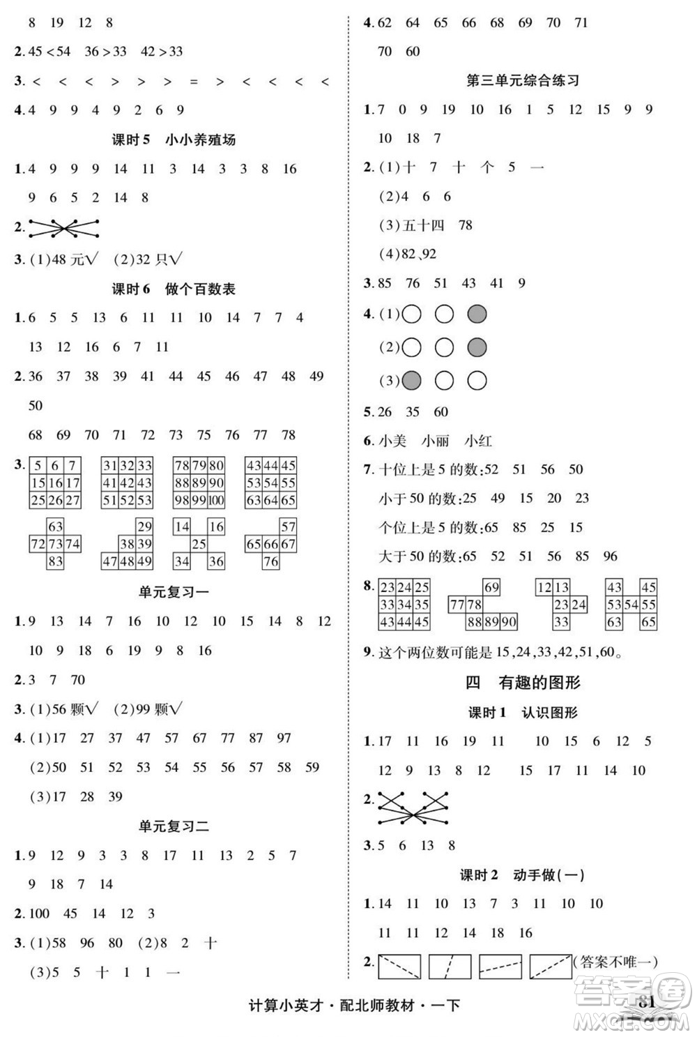 長(zhǎng)江少年兒童出版社2022計(jì)算小英才數(shù)學(xué)一年級(jí)下冊(cè)北師版答案