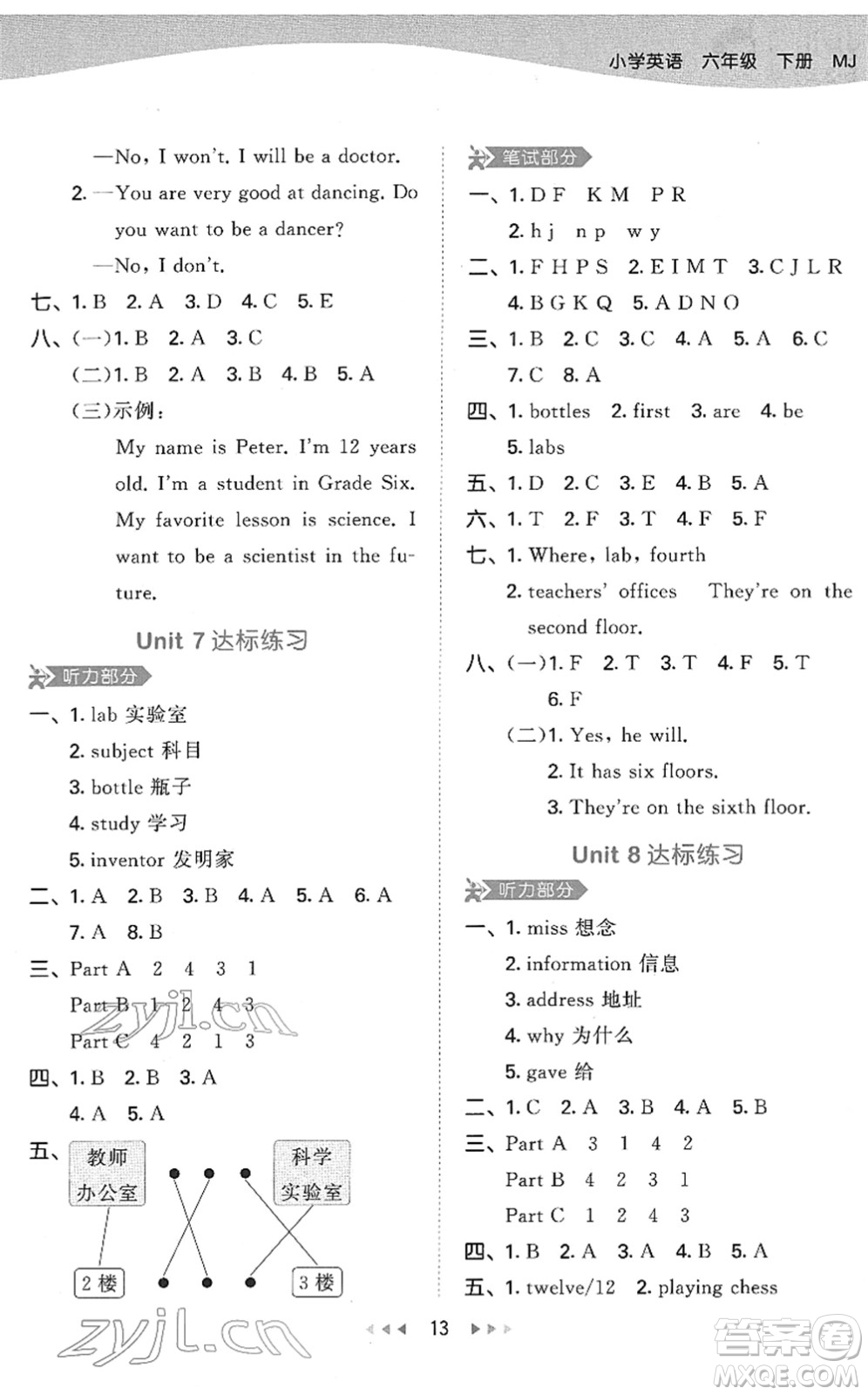 教育科學(xué)出版社2022春季53天天練六年級(jí)英語下冊(cè)MJ閩教版答案