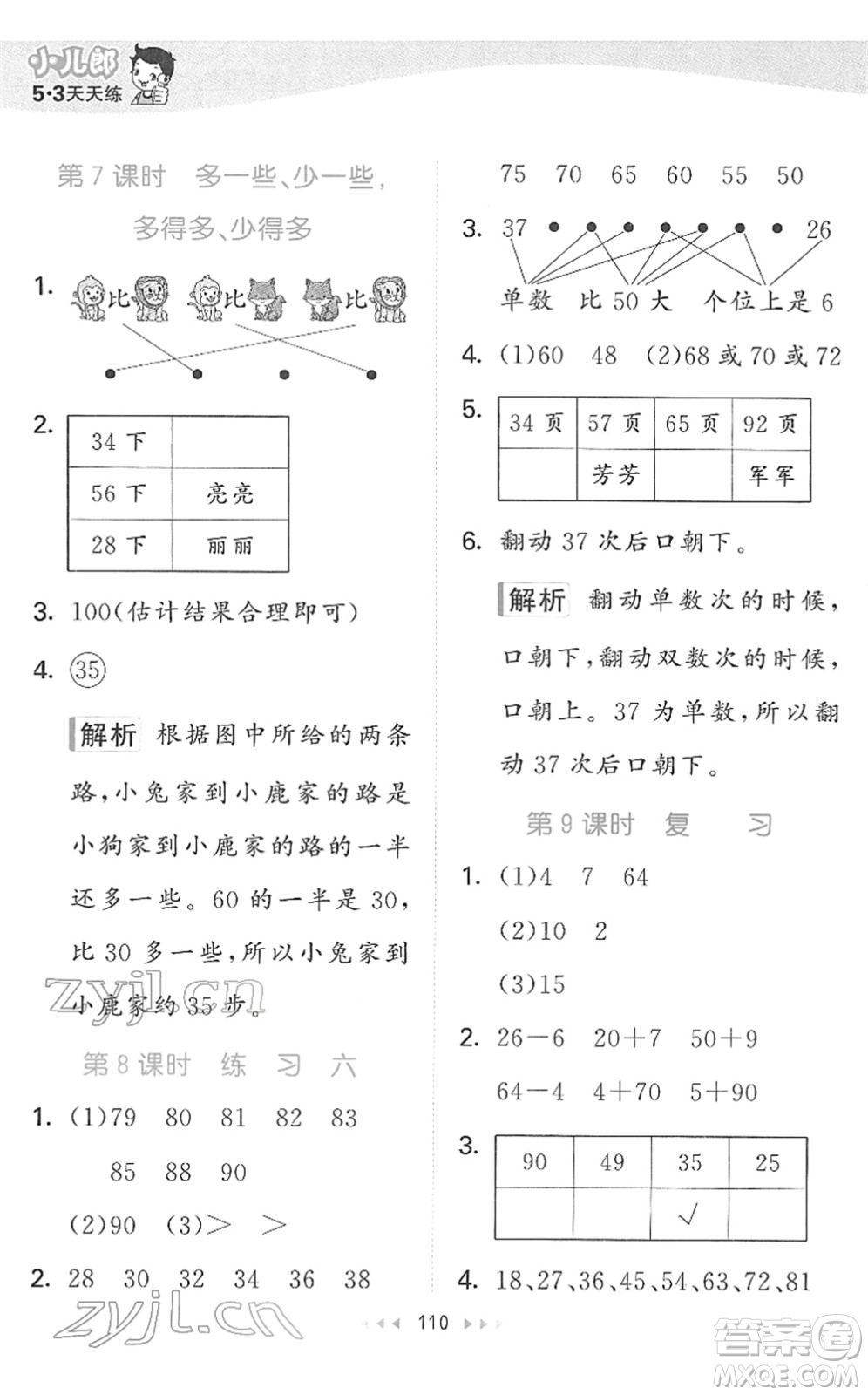 教育科學(xué)出版社2022春季53天天練一年級數(shù)學(xué)下冊SJ蘇教版答案