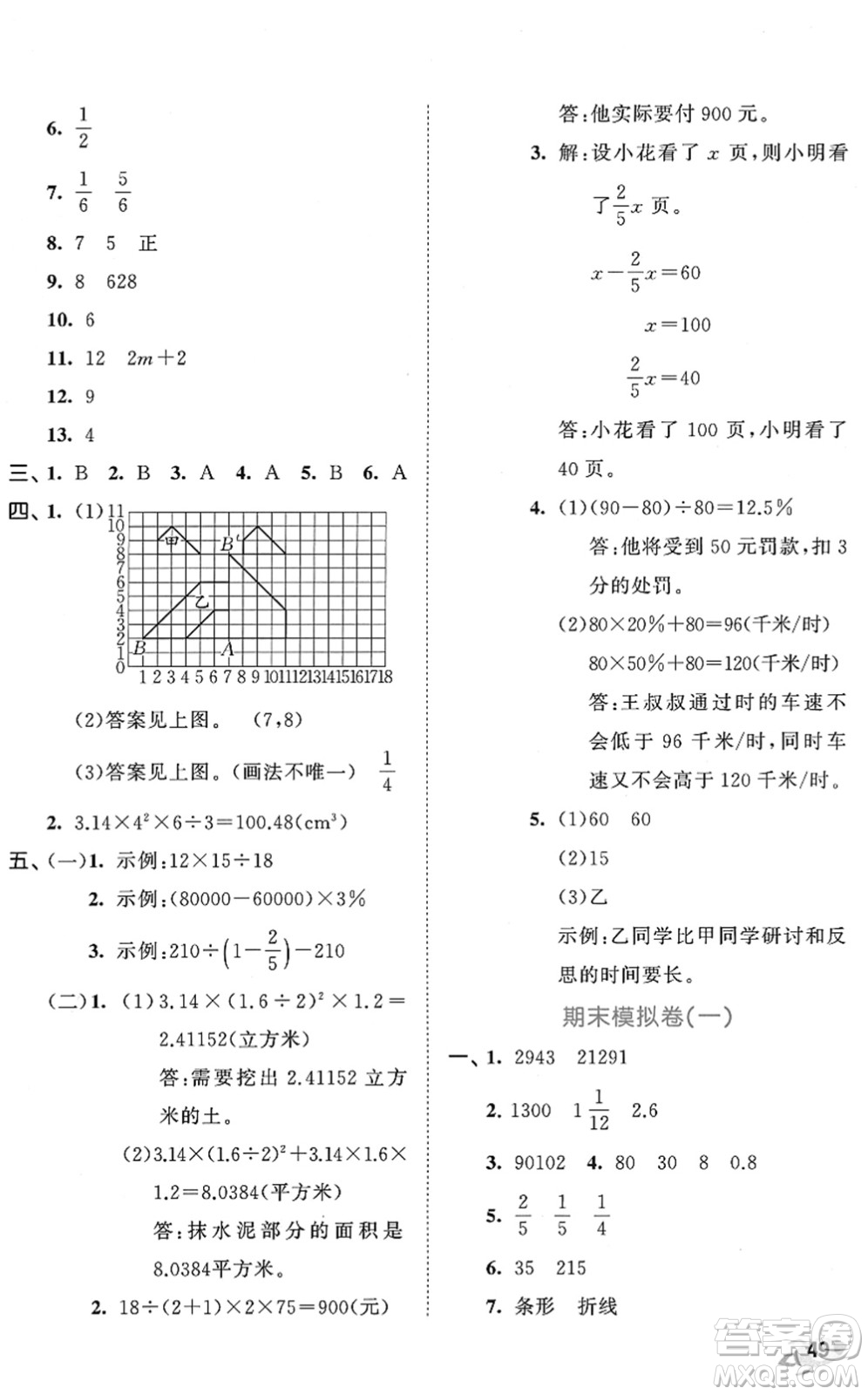西安出版社2022春季53全優(yōu)卷六年級(jí)數(shù)學(xué)下冊(cè)SJ蘇教版答案
