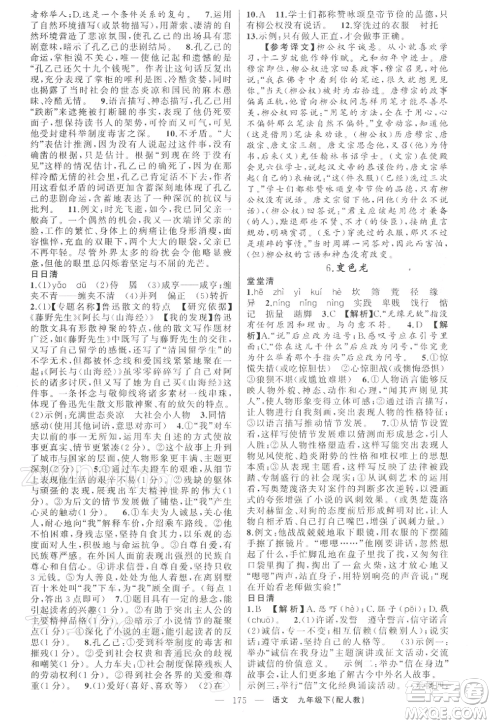 新疆青少年出版社2022四清導航九年級語文下冊人教版參考答案
