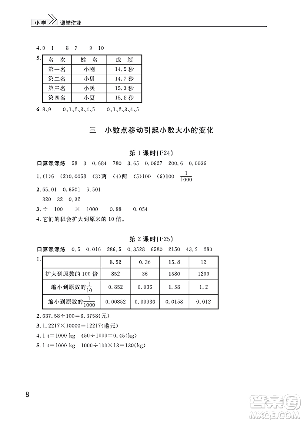 武漢出版社2022智慧學習天天向上課堂作業(yè)四年級數(shù)學下冊人教版答案