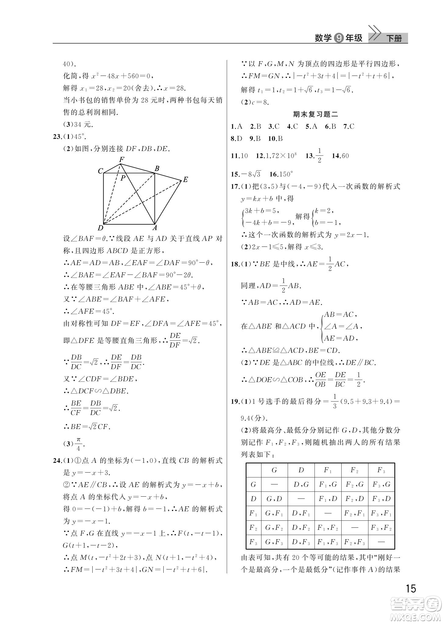 武漢出版社2022智慧學(xué)習(xí)天天向上課堂作業(yè)九年級(jí)數(shù)學(xué)下冊(cè)人教版答案