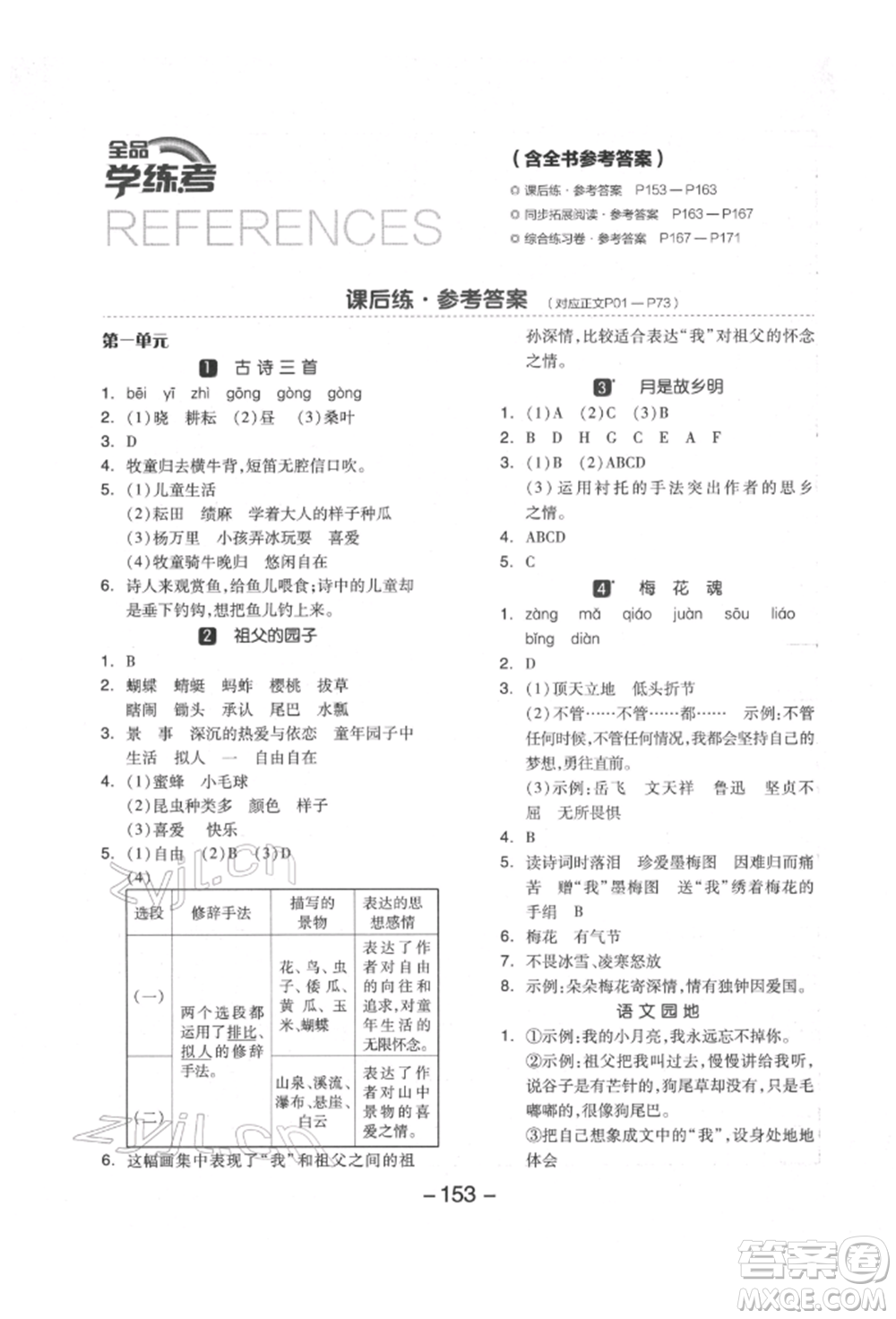 開明出版社2022全品學(xué)練考五年級(jí)語文下冊(cè)人教版江蘇專版參考答案
