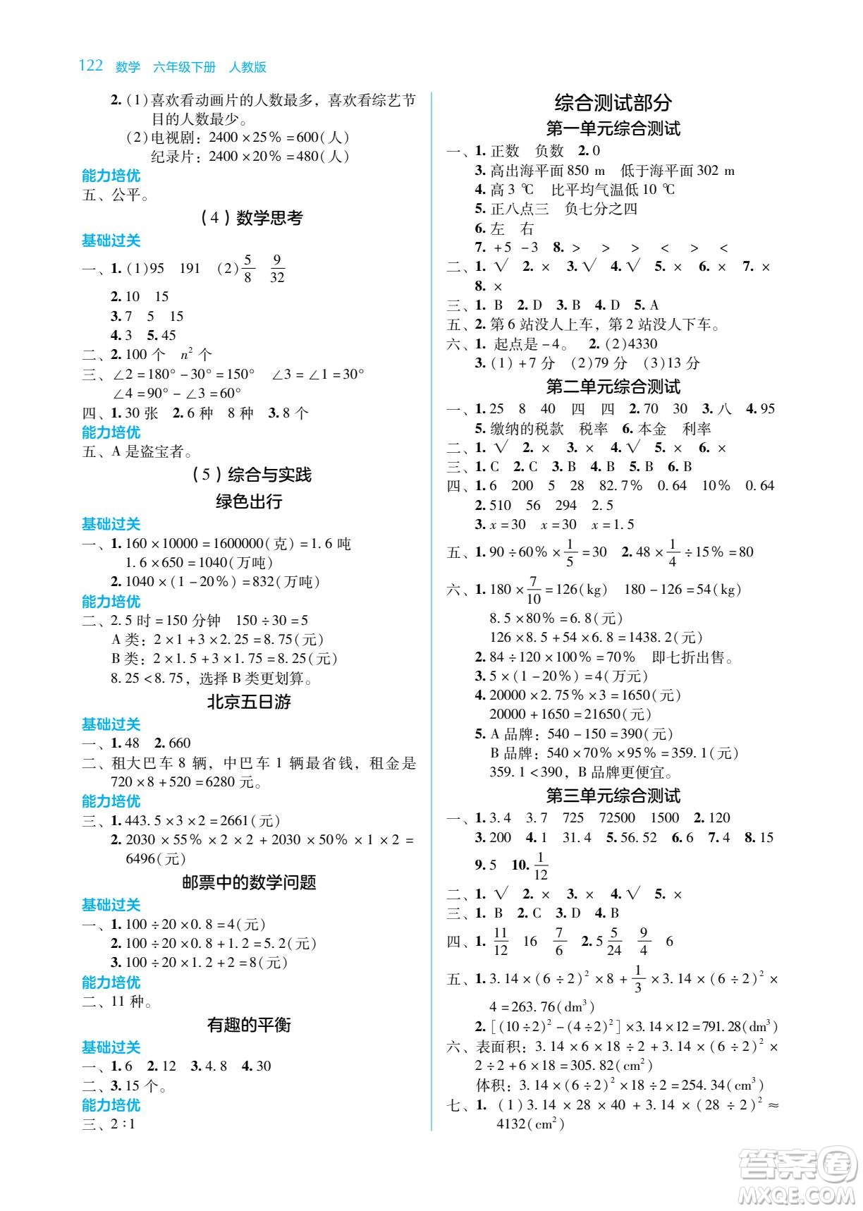 湖南教育出版社2022學(xué)法大視野六年級數(shù)學(xué)下冊人教版答案