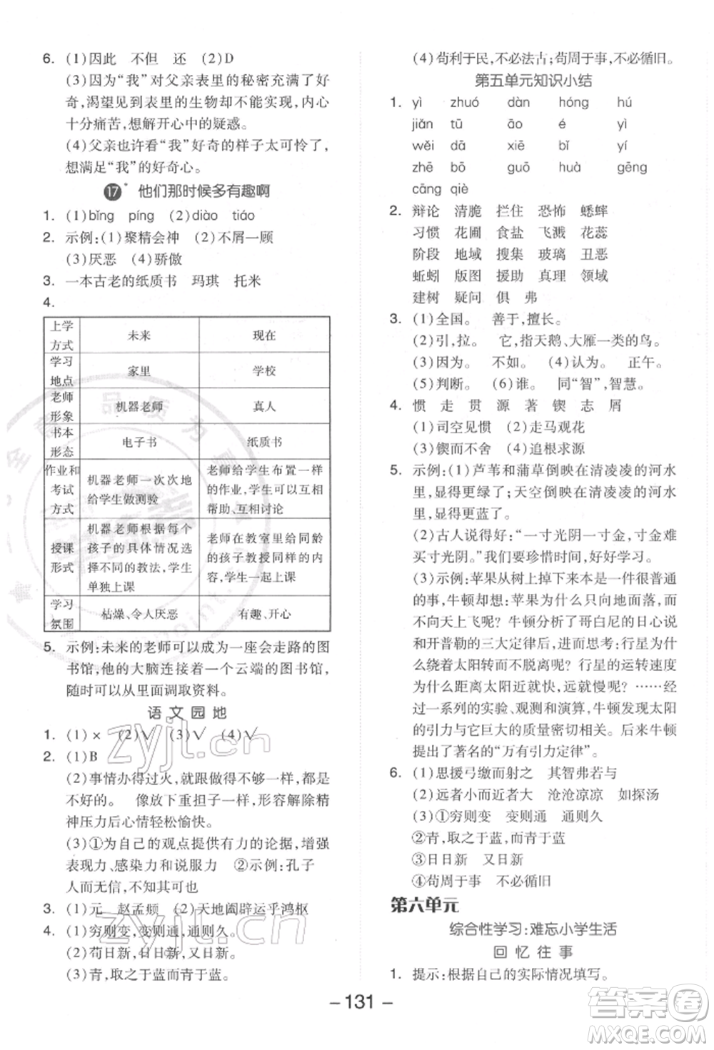 開明出版社2022全品學(xué)練考六年級(jí)語(yǔ)文下冊(cè)人教版參考答案