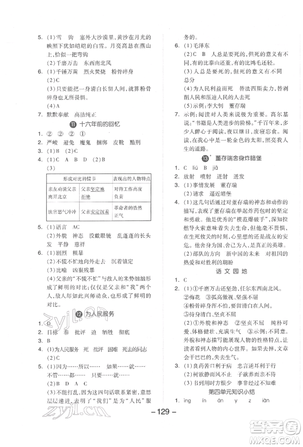 開明出版社2022全品學(xué)練考六年級(jí)語(yǔ)文下冊(cè)人教版參考答案