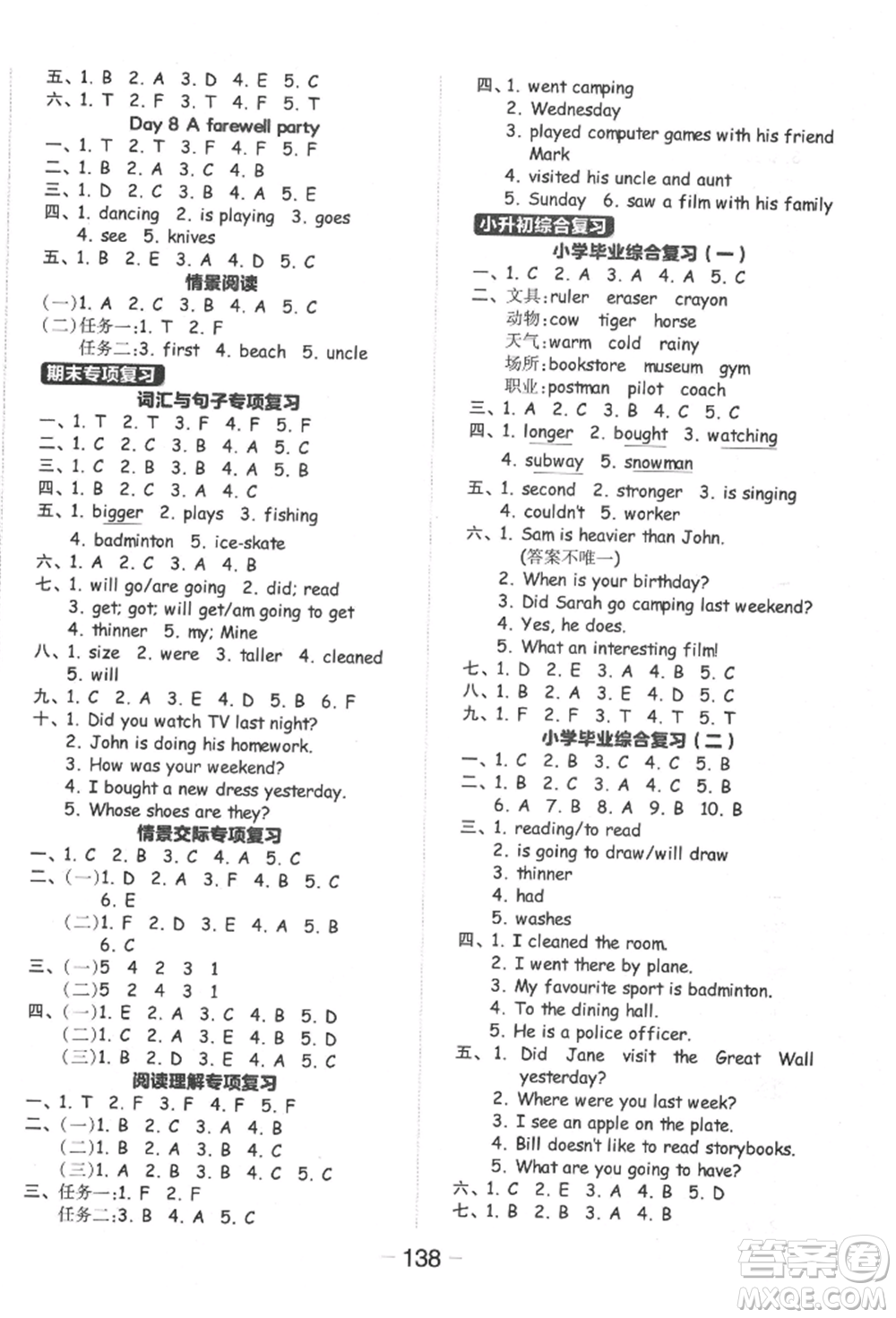 開(kāi)明出版社2022全品學(xué)練考六年級(jí)英語(yǔ)下冊(cè)人教版參考答案