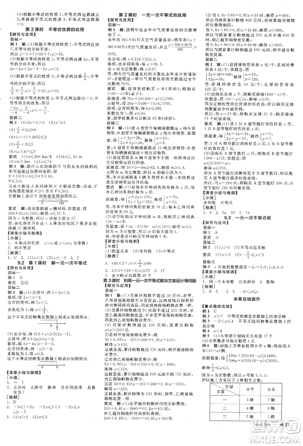 陽光出版社2022全品學練考作業(yè)手冊七年級數(shù)學下冊人教版江西專版參考答案
