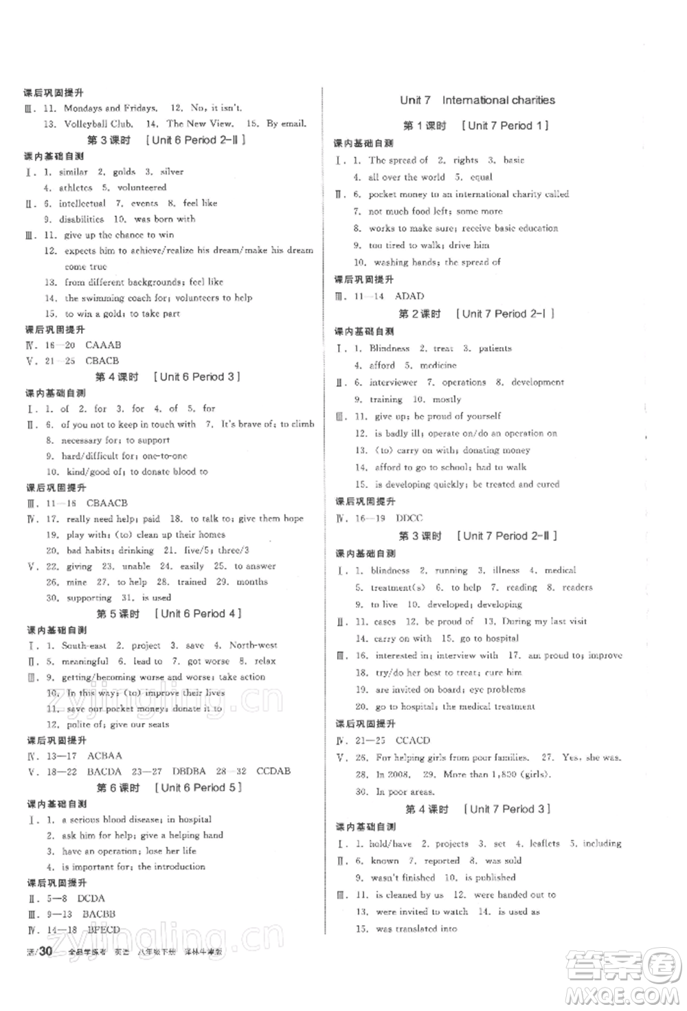 陽(yáng)光出版社2022全品學(xué)練考聽(tīng)課手冊(cè)八年級(jí)英語(yǔ)下冊(cè)譯林牛津版參考答案