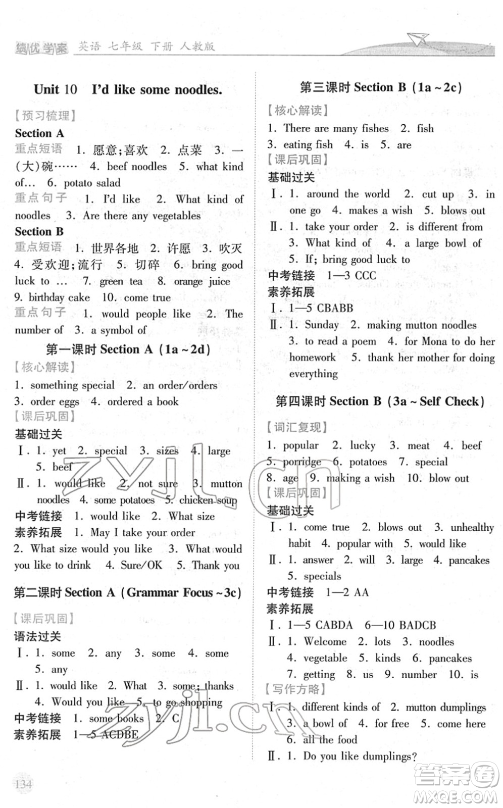 人民教育出版社2022績(jī)優(yōu)學(xué)案七年級(jí)英語下冊(cè)人教版答案